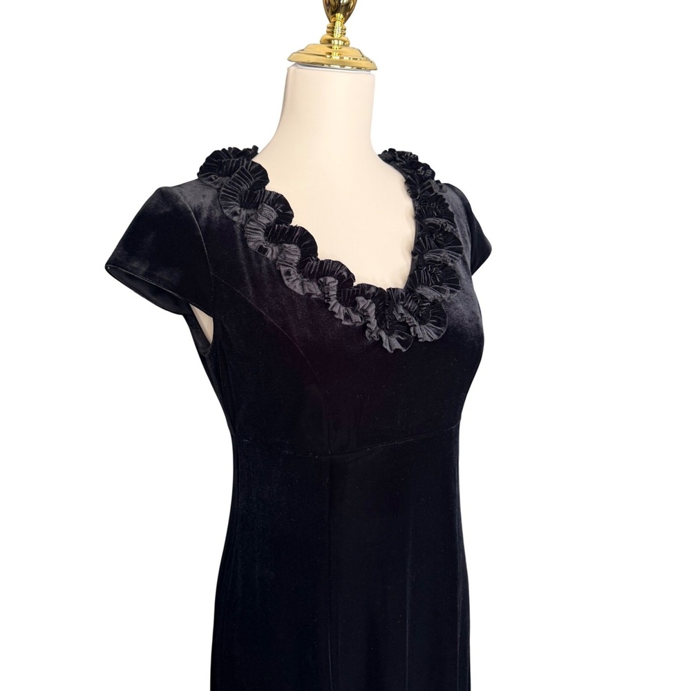 K Studio Collection Black Velvet Ruffle Empire Waist Midi Dress Size 6 Vintage - Picture 3 of 12